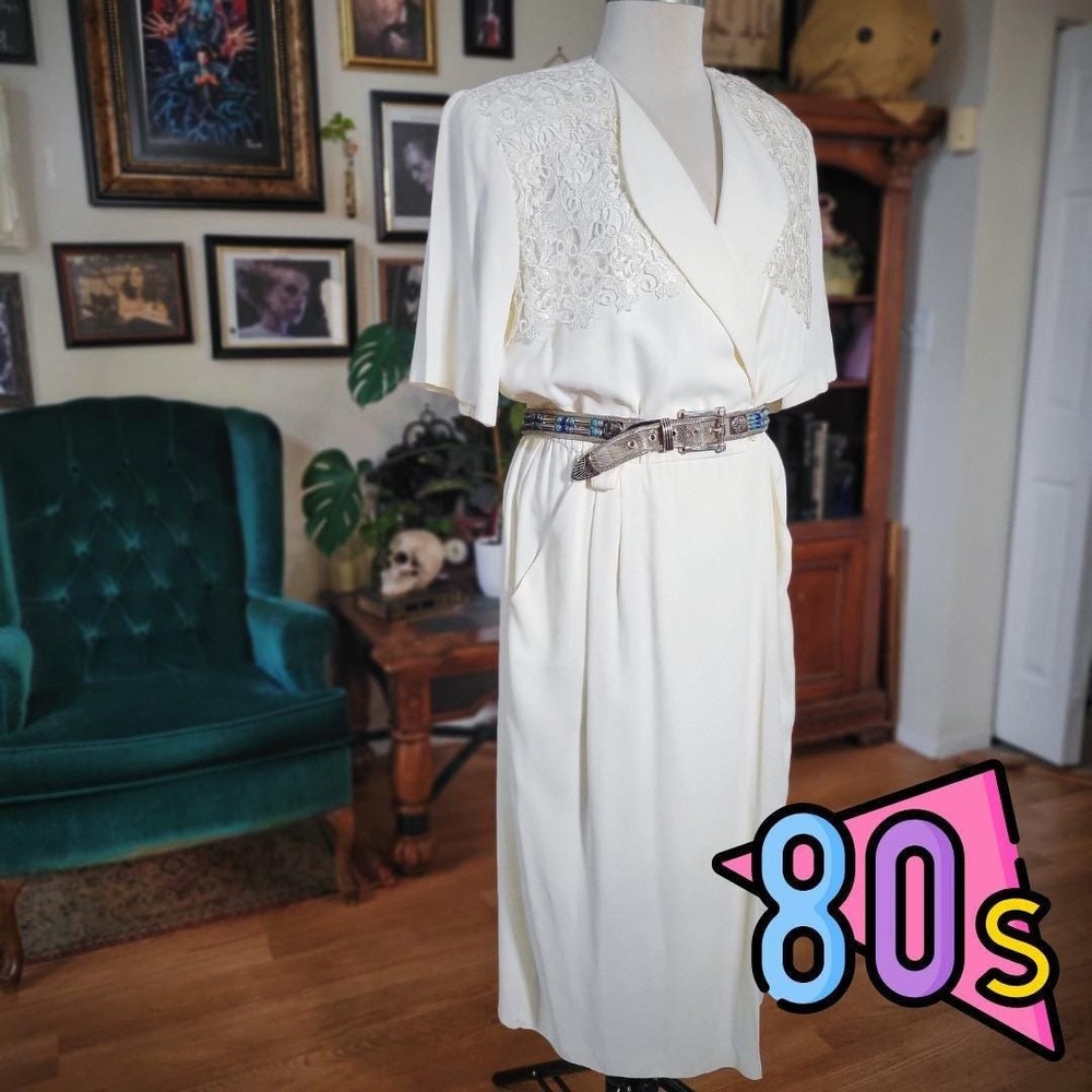 Studio I New York Dress Vintage 80s Cream Lace Shoulder Maxi Wrap Style L Large